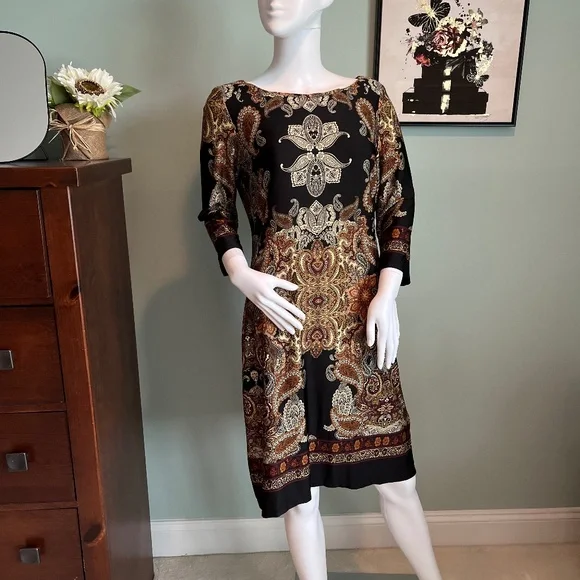 NWOT Emma & Michele Black/Brown Paisley 3/4 Sleeve Knee Length Shift Dress M